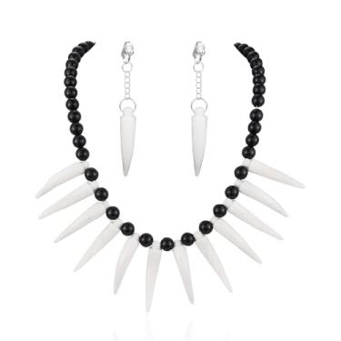 Imagem de kepvrio Colar de ossos de Halloween para mulheres, vintage, com pingente de crânio, osso de Halloween, marfim e dente de mão, gargantilha de Halloween, colar pré-histórico, bijuteria de fantasia de