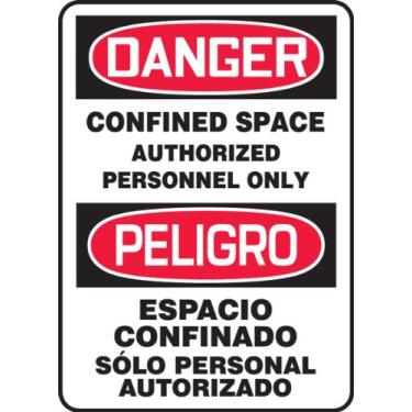 Imagem de Accuform Signs SBMCSP011VS Placa bilíngue espanhola de vinil adesivo, legenda "Perigo de espaço confinado apenas com pessoa autorizada/Peligro Espacio Confinado Solo Autorizado", 50 cm de comprimento x 35,5 cm de largura x 0 cm de espessura, vermelho/preto no branco