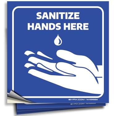 Imagem de Sanitize as mãos aqui placas adesivos – Pacote com 4 6 x 6 polegadas – Vinil autoadesivo premium, etiquetas, laminado para Ultimate UV, clima, resistência a arranhões, água e desbotamento, interno e externo