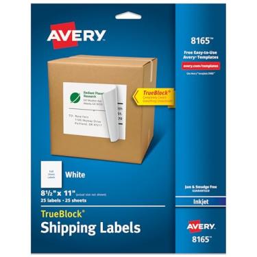 Imagem de Etiquetas de endereço de envio Avery, impressoras a jato de tinta, 25 etiquetas, etiquetas completas, adesivo permanente, TrueBlock (8165), branco