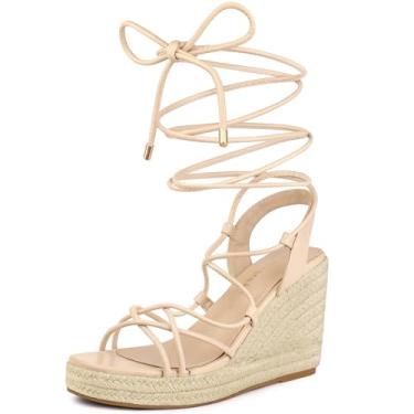 Imagem de Allegra K Sandálias femininas plataforma de bico quadrado com cadarço e salto alpargatas, Bege, 38