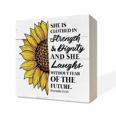 Imagem de Razpah Placas De Madeira Cristãs, Versículo Bíblico Provérbios 31:25 - Adesivo "Ela Está Vestida Força E Dignidade", Decoração Mesa Com Placa Caixa, Girassol, Arte Mesa, Presentes Para Amigas Mulher