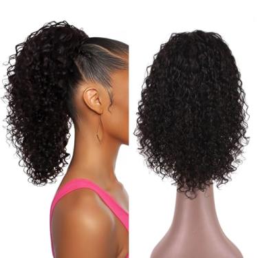 Imagem de ManeMajesty Extensão De Rabo De Cavalo Cabelo Humano 16" Onda Profunda Cacheado Natural Preto Cordão Rabo De Cavalo Para Mulheres Negras Peças De Cabelo Uso Diário