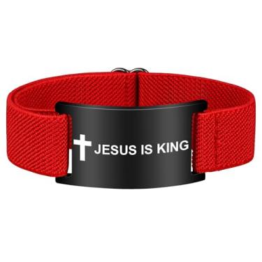 Imagem de Pmormyy Pulseira de cruz com versículo bíblico para mulheres e homens, pulseira ajustável de presente de Jesus é rei cristão WWJD, One Size, Aço inoxidável, Sem Pedra Preciosa