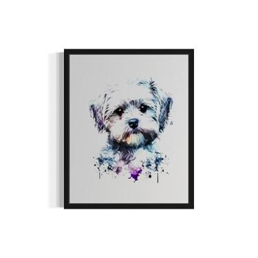 Imagem de Pôster impresso de arte de cachorro maltês, pintura de parede aquarela respingo arte pop para quarto sala de estar banheiro filhotes decoração 72 (20 x 25 cm, sem moldura)