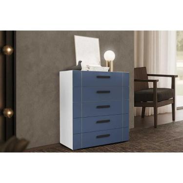 Imagem de Cômoda Casal Lisboa c/ 5 Gavetas Branco/Azul - Politorno