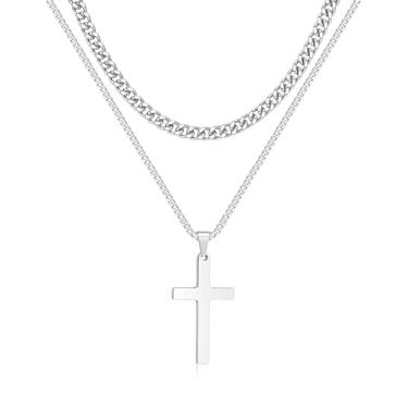 Imagem de JerryHardice Colar masculino com cruz de aço inoxidável prata em camadas, corrente cubana com pingente de cruz, joias religiosas cristãs simples, presentes para ele, Large, Aço inoxidável, Sem Pedra