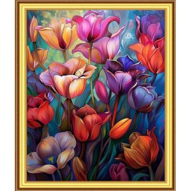 Imagem de Foxnyart Kits de ponto cruz estampado, gama completa de kits de bordado para iniciantes e adultos 11CT padrões de bordado arte artesanato DIY kit de bordado - flores coloridas 40,6 x 50,8 cm