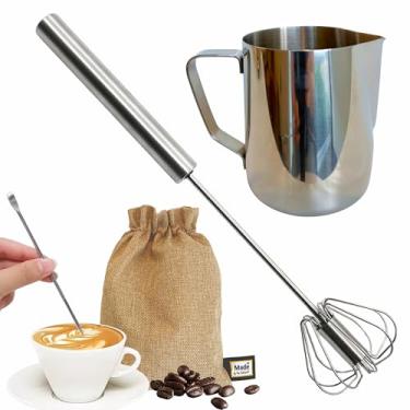 Imagem de Conjunto de espumador de leite manual gourmet e kit de café com leite, jarra e batedor de leite de grau barista, conjunto completo acessível para atualizar seu café em apartamento, dormitório, café