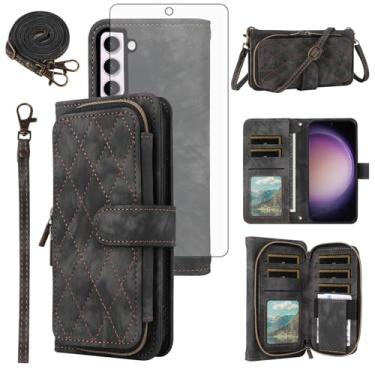 Imagem de Capa de celular para Samsung Galaxy S23 5G carteira celular com protetor de tela de vidro temperado alça transversal alça flip suporte zíper bolsa porta-cartões S 23 23S GS23 G5 SM-S911U 6,1 polegadas