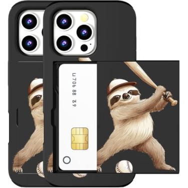 Imagem de MUQR Capa compatível com iPhone 16 Pro com suporte de cartão fofo - Design Kawaii, proteção contra quedas de nível militar, capa carteira robusta para mulheres (Black Sloth Baseball)