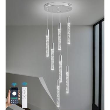 Imagem de Upfelw Lustre De Cristal Moderno De Teto Alto Com 7 Luzes, Grande Espiral Led Gota De Chuva Pendente Para Hall De Entrada, Escada Bolha Para Sala De Estar, Luminária Suspensa Embutida Cromada Com C