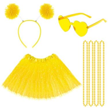 Imagem de Acessórios para fantasia de tutu para meninas dos anos 80 com estrela brilhante, tutu, coração, pompom, faixa de cabeça, saia para Halloween Mardi Gras, Amarelo, Standard