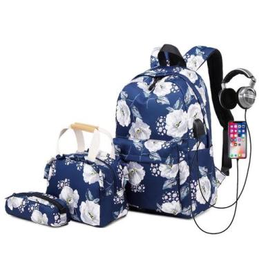 Imagem de Mochila Feminina + Bolsa Térmica + Estojo Kit com 3 Peças - Aolida, Az
