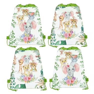 Imagem de CC HOME Pacote com 12 sacos de festa com cordão de animais da selva, tigre leão elefante presente doces, lembrancinha de festa temática de animais da selva para chá de bebê, crianças, meninas, meninos