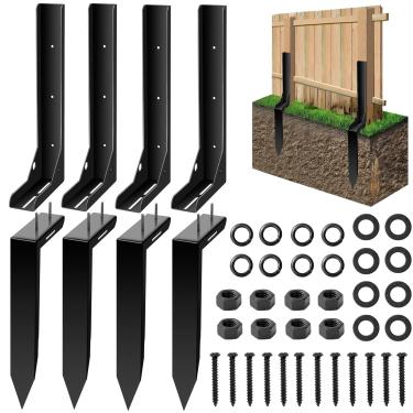 Imagem de Kit de reparo de poste de cerca, pacote com 4, 4 x 4/6 x 6 x 15 cm, estacas de aterramento de aço resistente, alcance e ângulo ajustáveis para reparo de suporte de madeira quebrada e inclinado