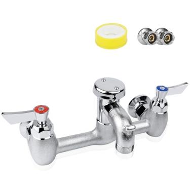 Imagem de ZKDAUSDO Torneira de pia de esfregão comercial torneira de pia de serviço com bico de disjuntor a vácuo de 6 cm, suporte na parede centro ajustável de 20 cm, com rosca de mangueira de 9,5 cm, gancho