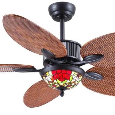 Imagem de Ventilador de teto externo impermeável de 127 cm com luz e controle remoto – Ventilador de teto tropical com lâminas de folha de palmeira, configurações de LED regulável de 6 velocidades, luminária de