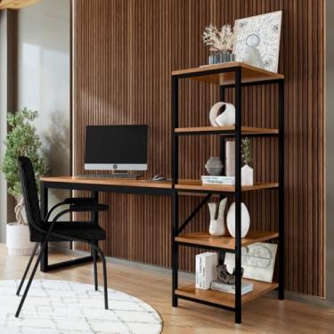 Imagem de Escrivaninha Home Office com Estante Lateral Estilo Industrial Estrutura Ferro e Tampo MDF (Canela)