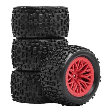 Imagem de KiBcsLic Pneus de carro RC em escala 1:18, rodas, aros, peças 4WD, brinquedos de controle remoto, acessórios fáceis de instalar, substitui rodas de rastreador, Vermelho