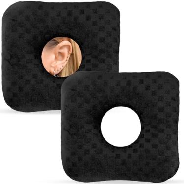 Imagem de DoubleFill 2 almofadas de piercing de orelha com orifício em forma de O almofada lateral para dormir, protetores circulares para dor de ouvido, inflamação, alívio de úlceras de pressão (preto)