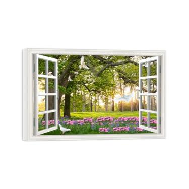 Imagem de Falsas Janelas Paisagens Impressões em Tela-Árvores flores pássaros-Quadro Arte Moderna-Natureza Pintura Pronta para Pendurar Tela Embrulhada 20x30cm