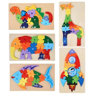 Imagem de Kit 5 Quebra-Cabeças de Madeira 3D Infantil Educativo e Lúdico