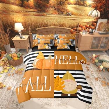 Imagem de Hello Fall Conjunto de cama casal, gnomo de outono, folha de bordo, dia de Ação de Graças, xadrez laranja listrado, patchwork, 7 peças (edredom + elástico + lençol de cima + fronha + fronha)
