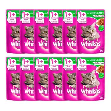 Imagem de Kit 12 Ração Úmida para Gatos Whiskas Adulto 1+ Anos Sabor Cordeiro ao Molho em Sachê 85g
