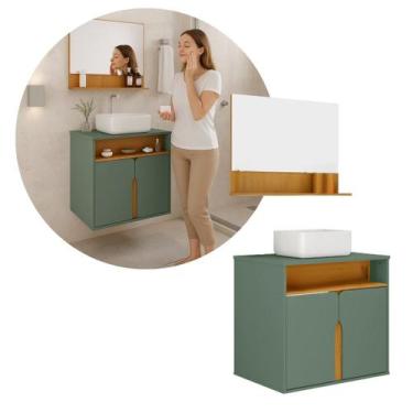 Imagem de Kit Gabinete Banheiro 60cm c/ Cuba de Resina e Espelho MDP - Harmonia,