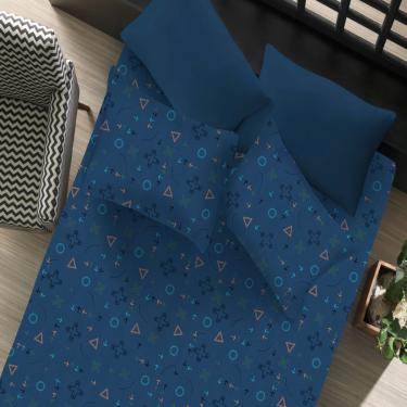Imagem de Jogo de Cama Casal Doce Vida Malha Misto 70% Algodão e 30% Poliéster Estampado Control Game 3 Pçs com Elástico Azul