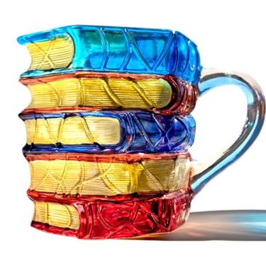 Imagem de AKLOZYX Caneca de café artística de vidro, capacidade de 350 ml, xícaras de chá feitas à mão, divertidas, design decorativo para amantes de livros, presentes para mulheres e homens (pintado em 3D (C