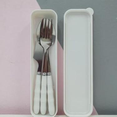 Imagem de Jogo Talher Colher 3pc Inox Estojo Garfo Faca Marmita Viagem HU89012(Branco)