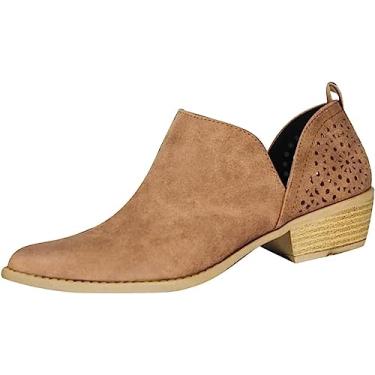 Imagem de Botas de cano curto femininas bico redondo sem cadarço corte V botas curtas cor sólida botas de salto baixo grosso botas de couro, Marrom, 8.5