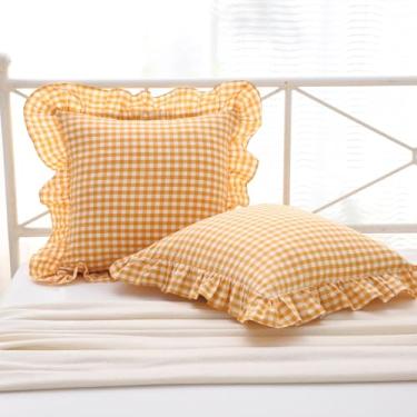 Imagem de Mywinlle Capas de almofada decorativas com babados xadrez amarelo mostarda para sofá, pacote com 2 fronhas vintage xadrez de algodão lavado para cama, sofá, sala de estar - 45,72 cm x 45,72 cm