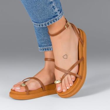 Imagem de Sandalia Papete Feminina Flatform Tira Enfeite Metalizado Dourado Lesma Dedo Confortável Macia (Caramelo, BR, Adulto, Numérico, 37)
