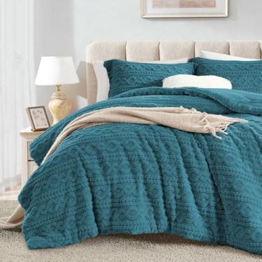 Imagem de Homelike Moment Conjunto de edredom King fofo, de lã, quente, azul petróleo, conjunto de cama king size para o inverno, 3 peças