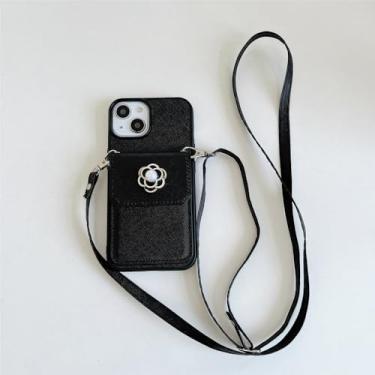 Imagem de Capa de alça de ombro de couro PU para iPhone 15 14 Pro Max 13 12 11 XS XR X 7 8 Plus Capa de telefone carteira com cordão crossbody, preta, para iPhone 7Plus (8Plus)
