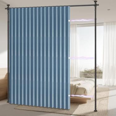 Imagem de AJAZZ Cortina divisória de ambiente (azul, L 254 x C 212 cm, 1 painel) + haste de cortina de tensão sem perfuração (H) 103-120 × (L) 89-254 cm, para cortinas de privacidade/à prova de som, separador