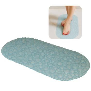 Imagem de Tapete de Banho Oval para Box Antiderrapante Piso Molhado Efeito Bolhas Massagem com Ventosas de Sucção Anti Queda Chuveiro Banheiro Base Pvc Alta Aderência Banheira Lavável Macio (Azul)
