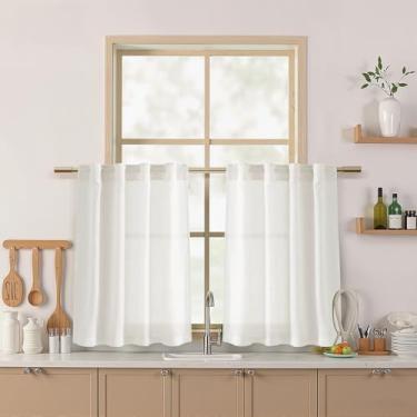 Imagem de Cortinas semitransparentes de linho para cozinha, janelas sobre a pia, neutro, 76 cm de comprimento, aba traseira e bolso para varão, filtro de luz, cortina de café para banheiro, trailer, janela