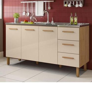 Imagem de Balcão Fortaleza 3 Gavetas Para Pia 1,60 Mt Amêndoa Off - MILANI MOVEL