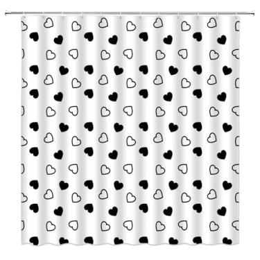 Imagem de AEMBEE Cortina de chuveiro para dia dos namorados, preto, branco, coração, romântico, tecido decorativo, cortinas de banheiro com ganchos, 177 cm L x 180 cm A