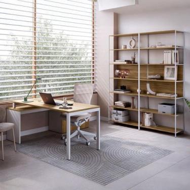 Imagem de Mesa Escrivaninha em L com Balcão Lateral Gavetas Porta e 2 Estantes E