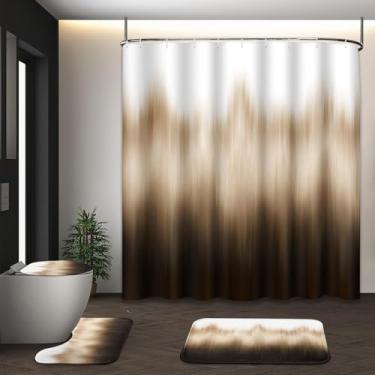 Imagem de Tayney Conjunto de cortina de chuveiro ombré marrom com tampa de vaso sanitário e tapetes antiderrapantes para banheiro, gradiente moderno, simples, abstrato, vintage, 4 peças, conjunto de banheiro