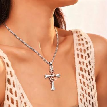 Imagem de Colar de cruz para mulheres, banhado a ouro/prata, delicada, rosa, flor, pingente simples, moderno, fofo, pingente de cruz, joia religiosa, presente minimalista para ela, Medium, Metal, Sem Pedra