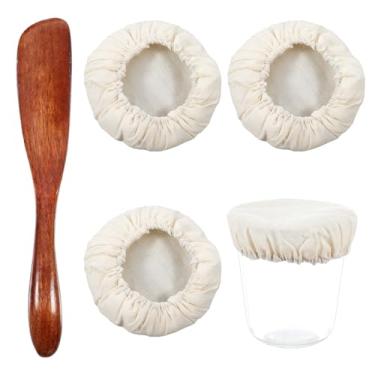 Imagem de 4 peças de tampa de pote de fermentação, tampas de fermentação reutilizáveis tecido respirável tampas de pano de fermentação com espátula de madeira para frascos de 7 a 10 cm