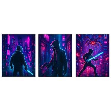 Imagem de AMERICAN LUXURY GIFTS Arte de parede tríptico neon Cyberpunk — vigilantes com capuz vs. aranha mecânica em uma cidade encharcada de chuva. (28 x 35 cm, sem moldura)
