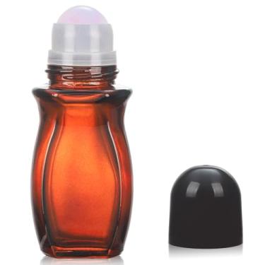Imagem de RAMFIYN Frascos grandes de vidro âmbar de 50 ml para óleos essenciais, perfume, recarregáveis, aplicador de bola de rolo de quartzo, recipientes vazios de desodorante com bola de cristal