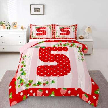 Imagem de Feelyou Conjunto de edredom solteiro de morango, com inicial P, presente para mulheres, adolescentes, edredom com letra P, decoração de quarto, microfibra com tema de morango, 2 peças com 1 fronha